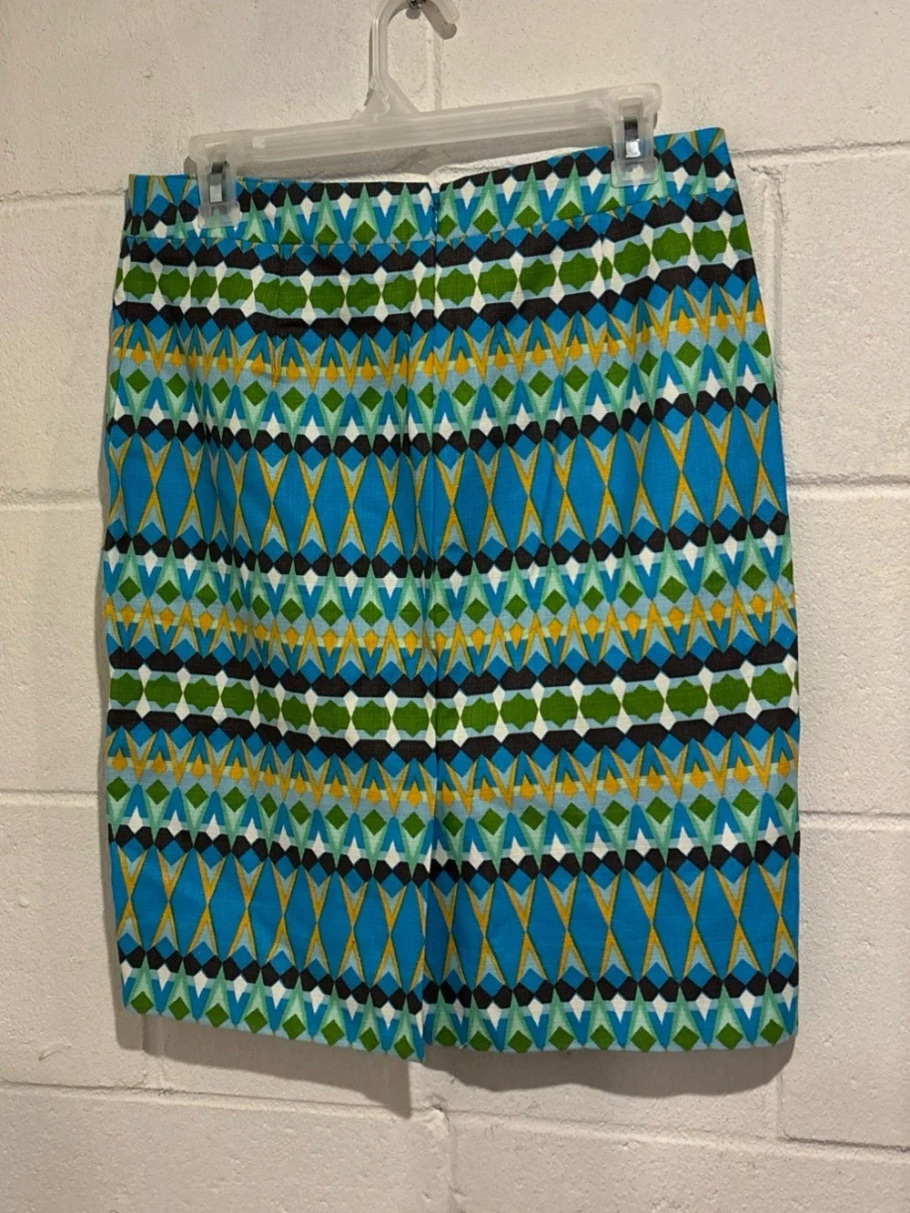 J Crew pencil skirt blue green Aztec print zipper back